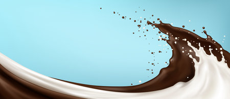 Chocolate with milk splash wave, liquid swirl with drops on blue background. Brown and white dairy product flow, creamy cocoa drink. Food advertising or packaging design element. 3d sweet beverage.のイラスト素材