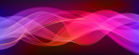 Audio wave neon visualization with flowing pink purple gradient lines on dark bg. Digital sound frequency spectrum display for music production. Abstract luminous waveform energy motion graphic.のイラスト素材