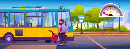 Bus driver fills empty vehicle with fuel from red canister at stop - bearded man in uniform carries canister to tank of public transport for city routes. Urban station with gauge meter, bench, treesのイラスト素材
