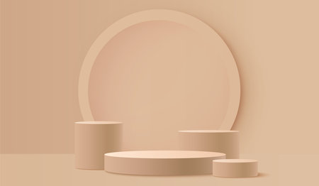 Beige round podium display on light brown background. Minimal empty platform for product showcase or presentation. Abstract realistic 3d stage with soft light and shadow. Pastel monochrome scene.のイラスト素材