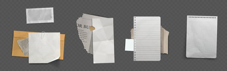 Set of various torn paper scraps and ripped note snippets. Old crumpled sheets with ragged edges from spiral bound notebook, graph papers. Realistic vector for collage, scrapbooking, memo design.のイラスト素材