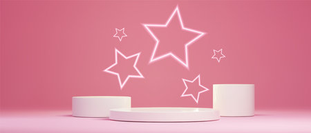 Podium neon star scene with glowing white outlines on pink gradient background. Three cylindrical platforms for product display showcase. Minimal presentation pedestals with luminous celestial shape.のイラスト素材