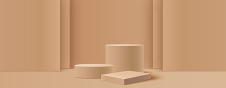 Beige round podium display on light brown background. Minimal empty platform for product showcase or presentation. Abstract realistic 3d stage with layered wall. Pastel monochrome scene.のイラスト素材