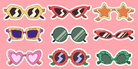 Retro sunglasses sticker collection - colorful eyeglass frames with lightning, star and heart, round and square shaped party glasses, vintage lens specs, eyewear for summer fashion accessories on pinkのイラスト素材