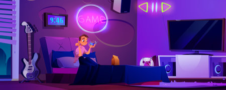 Teen boy sits on bed holding sci-fi magic cube in hands in purple neon bedroom with gaming console controller on shelf, electric guitar, wall clock and tv. Modern youth room with vibrant lighting.のイラスト素材