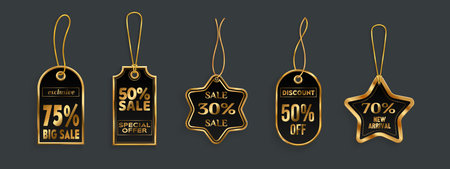 Gold discount badge collection with hanging strings on dark background. Luxury sale tags with various percentages on special offer labels. Premium retail pricing markers for shopping promotions.のイラスト素材