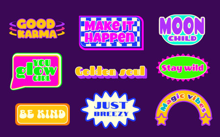 Retro y2k sticker set with uplifting quotes and playful shape elements. Bold typography, neon backgrounds. Speech bubbles and rainbow arcs, starburst frames. Nostalgic 90s aesthetic patches.のイラスト素材