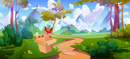 Forest scene with curious fox looking inside open cardboard box on grassy meadow, winding path through trees and bushes leading to mountains. Whimsical nature landscape for children stories, game bg.のイラスト素材