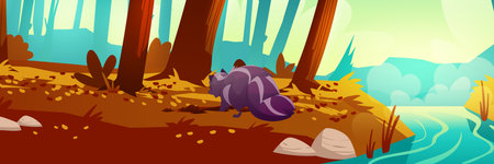 Autumn forest landscape with brown trees casting shadows on ground. Dark skunk digs near fallen leaves while blue stream flows nearby. Rocky terrain shows scattered foliage for nature illustrations.のイラスト素材