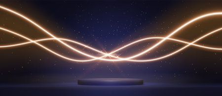 Dark blue stage with glowing golden light waves and glitter particles. Empty platform below curved luminous streams - elegant display for product presentation. Sparkles effects in magical atmosphere.のイラスト素材