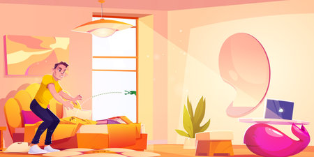 Man tries catching frog jumping through bedroom window - green amphibian escapes while person reaches. Cozy room with yellow bed with pink cushions, potted plants and laptop on whale like table.のイラスト素材