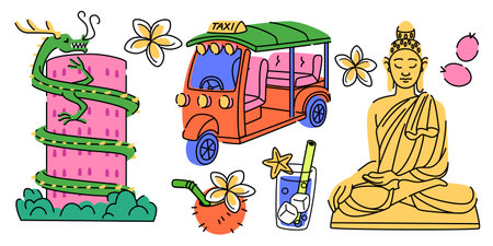 Thai doodle collection with Buddha statue, tuk-tuk taxi, dragon temple, tropical flowers and coconut drink. Colorful Southeast Asian cultural elements for travel illustrations, exotic tourism design.のイラスト素材