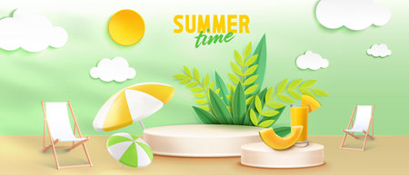 Summer time 3d scene with beige circular podium platforms, tropical green plants and beach accessories - yellow sun, striped umbrella and deck chair for seasonal product display under paper cut cloudsのイラスト素材