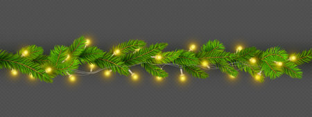 Pine tree garland with glowing lights - festive evergreen branches with golden bulbs for Christmas border, holiday decoration or winter celebration. Realistic fir needles wrapped in illuminated stringのイラスト素材