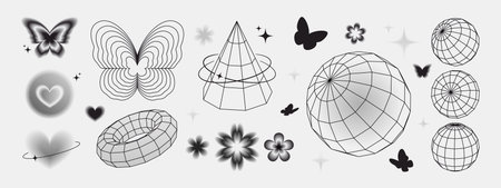 Gradient butterfly shapes with wireframe geometry - black silhouettes of blurred forms, linear grid structures of cones, torus rings and spheres, soft hearts and flowers, stars for abstract design.のイラスト素材