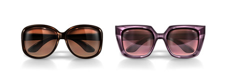 Stylish 3d eyewear set with bold frames - modern sunglasses in glossy tortoiseshell and translucent materials, gradient lenses for fashion accessories, summer promotions or optical store marketing.のイラスト素材