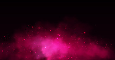 Pink smoke cloud with sparkle particles floating in dark space - glowing magenta mist on black background, shimmering dots scattered around luminous haze for magical effects or romantic designs.のイラスト素材