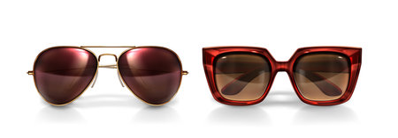 3d eyewear collection - gold aviator sunglasses with mirror lenses, tortoiseshell square frames with brown gradient tint and realistic shadows beneath for fashion accessories, optical shop displays.のイラスト素材