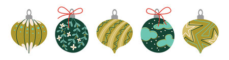 Yellow and green vintage xmas bauble ornaments with different shapes, geometric patterns, ribbons. Classic Christmas decorations. Retro holiday collection for festive cards, seasonal design projects.のイラスト素材