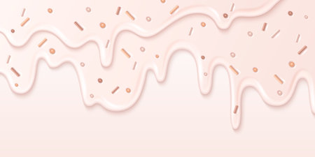 Sweet ice cream drip pattern with melting glaze flowing down beige background, decorated with colorful sprinkles and dots for dessert packaging, bakery branding or confectionery design projects.のイラスト素材