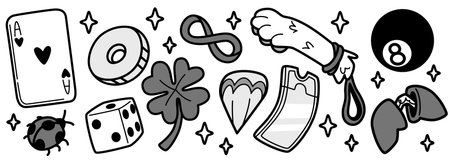 Playful lucky charm doodle collection with ace card, coin and dice, clover and ticket, infinity symbol, eight ball and rabbit foot on white bg. Whimsical fortune icons for good luck wishes design.のイラスト素材