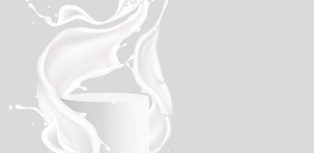 White milk splash around circular podium with flowing liquid waves, droplets on gray background for dairy product display, yogurt packaging, beverage advertising or creamy cosmetic presentations.のイラスト素材