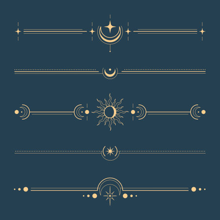 Golden celestial dividers with moon, stars and sun symbols on dark blue background for tarot mystical design. Decorative horizontal lines with crescent shapes, radiant solar bursts and astral elementsのイラスト素材