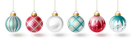 Christmas tree bauble set in 3d glass style with decorative patterns - striped, plaid, geometric and dotted ornaments hanging on golden strings, colorful holiday decorations for festive designs.のイラスト素材