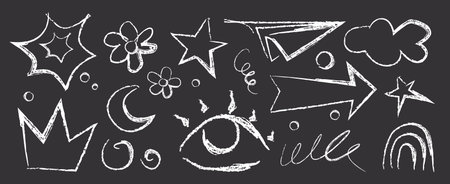 Crayon doodle shapes. White chalk drawings on blackboard - stars and flowers, moon and eye, crown, arrows and clouds, rainbow and paper plane, swirls for education or children creative backgrounds.のイラスト素材
