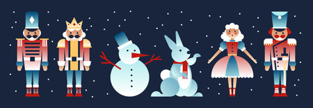 Christmas nutcracker collection with soldiers and king, snowman and blue rabbit, dancing fairy princess in pink ballet dress. Festive holiday characters on dark starry background for winter decorationのイラスト素材