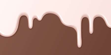 Pink ice cream drip melting over chocolate brown background. Sweet dessert topping flowing down with glossy texture for confectionery designs, bakery promotions, summer treats food packaging.のイラスト素材