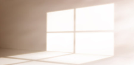 Soft window shadow on wall - natural sunlight casting geometric pattern through glass panes. Minimal interior bg with warm morning glow for home decor, product display or peaceful space concept.のイラスト素材