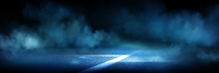 Blue lit asphalt road with white marking in smoke clouds. Night race atmosphere with glowing pavement surface on dark bg. Dramatic fog effects in mysterious street scene for auto or speed competition.のイラスト素材