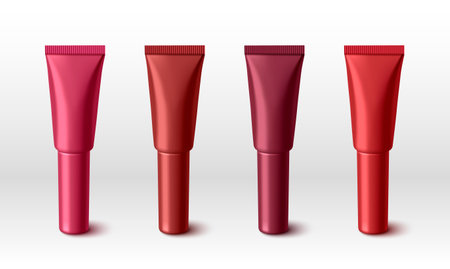Red lip cream tubes mockup set in four different shades from pink to burgundy with glossy finish and ribbed caps isolated on white for cosmetic product branding, packaging design presentations.のイラスト素材