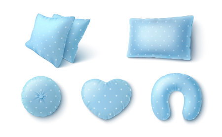Blue pillow and cushion 3d set with white polka dot pattern. Sweet decorative shapes - rectangular and bolster, round and heart, neck travel. Cute nursery bedding for boys or girls room, baby designs.のイラスト素材