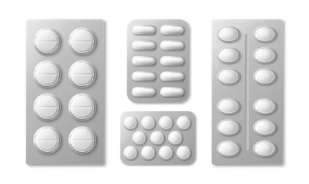 White medicine blister packs - round tablets with score lines, oblong capsules, small circular pills, oval drugs in silver foil packaging. Pharmaceutical 3d medical supplies, healthcare product.のイラスト素材