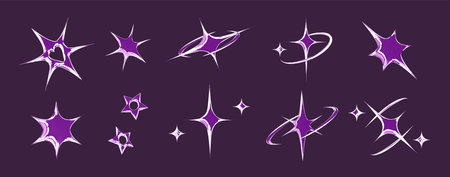 Chrome emoticon star set with metallic purple gradient fills, shooting comet trails, swirling orbits, crossed twinkles and diamond accents for mystical y2k design or cosmic digital decoration elementのイラスト素材