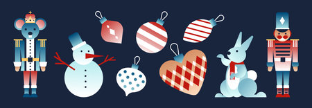 Holiday nutcracker figures with mouse king and soldier in uniform, snowman and bunny, xmas tree baubles and decorations with colorful ornaments. Christmas set on dark background for festive cards.のイラスト素材