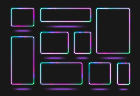 Neon frame set with glowing square and rectangular borders in purple, pink and green gradient colors on black background. Electric light rectangles for futuristic UI design, cyberpunk interfaces.のイラスト素材