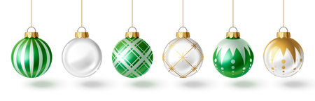 Christmas tree bauble set - green striped glass ball, white sphere, plaid emerald ornament, golden geometric design, dotted mint decoration hanging on strings. Holiday 3d ornaments for festive decor.のイラスト素材