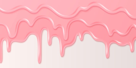 Glossy pink ice cream melting drip layers flowing down white bg. Strawberry frosting waves with shiny texture for dessert decoration, candy packaging, sweet treat banners and confectionery designs.のイラスト素材