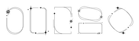 Minimalist y2k border frames set - black line rectangles and ovals with decorative stars, sparkles. Retro digital aesthetic elements for poster or web design. Clean geometric shape in nostalgic style.のイラスト素材
