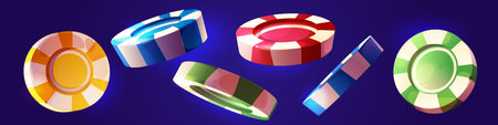 Cartoon casino chips collection on dark background - colorful glossy striped poker tokens in yellow and blue, red and green. Gaming currency in different angles for gambling app or Vegas themed designのイラスト素材