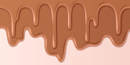 Melting milk chocolate drips flowing down - smooth liquid caramel streams with glossy finish. Sweet ice cream topping texture with realistic flow pattern for dessert design or candy packaging.のイラスト素材