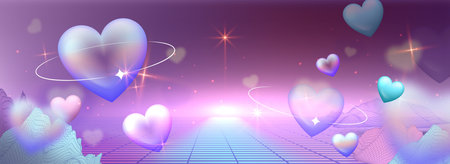 Y2k aesthetic heart landscape with dreamy gradient bg. Floating glossy love symbols over retro grid floor, sparkling stars and wireframe mountains. Pink purple cyber romance scene for valentine designのイラスト素材