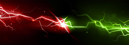 Red and green lightning bolts clash - electric energy collision with bright spark at center, glowing thunder effect. Versus battle scene with powerful electrical discharge, neon light streams.のイラスト素材