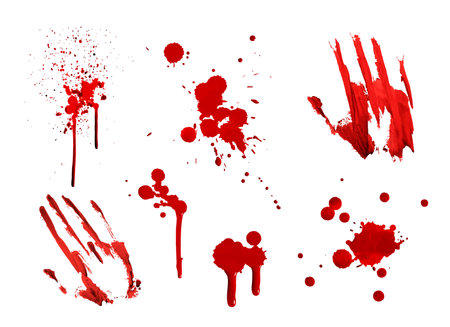 Red bloodstain set for halloween horror designs - dripping splashes, finger and handprints, scattered drops. Spooky crime scene element with realistic texture for thriller poster, scary decorationのイラスト素材