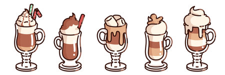 Christmas coffee cup set with layered latte glasses - whipped cream topped with candy cane straws, chocolate swirl drink, hot cocoa dripping marshmallows, macchiato with foam art and mocha overflow.のイラスト素材