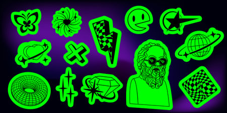 Bright green y2k future sticker set - butterfly, ringed heart, checkered lightning bolt, shooting star, planet with orbit, wireframe torus, diamond crystal and bearded man for nostalgic design.のイラスト素材
