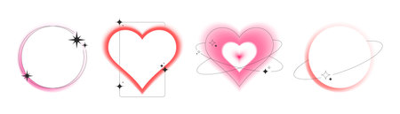 Heart border collection with neon blur aura effects, pink gradient round frames with sparkle stars and orbital rings. Romantic valentine decorations with soft light halos for love cards, social media.のイラスト素材